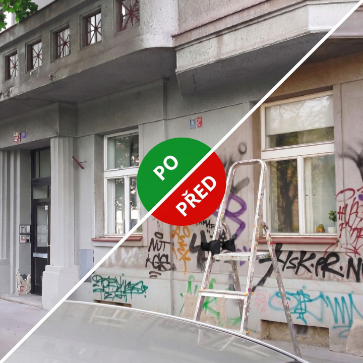 Fasáda před a po odstranění graffiti